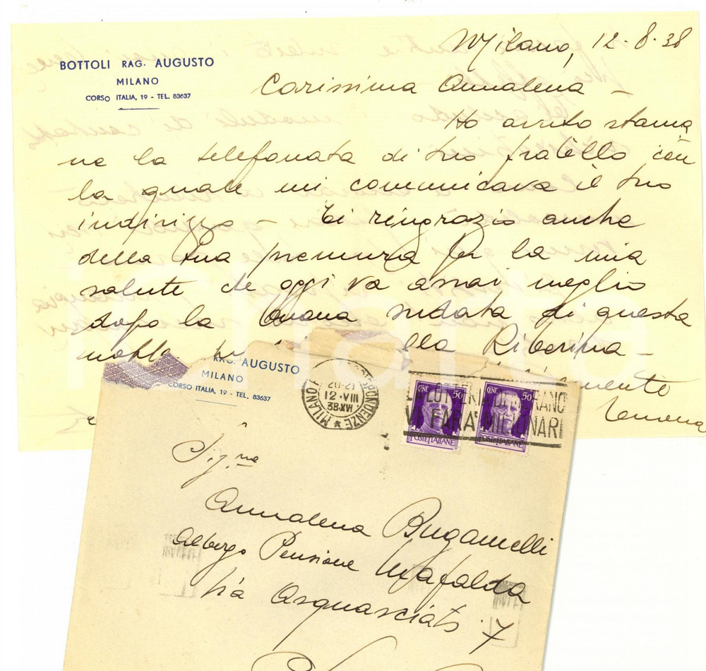 Documento originale, autentico 1938 MILANO Lettera privata rag. Augusto BOTTOLI  Carta intestata 1