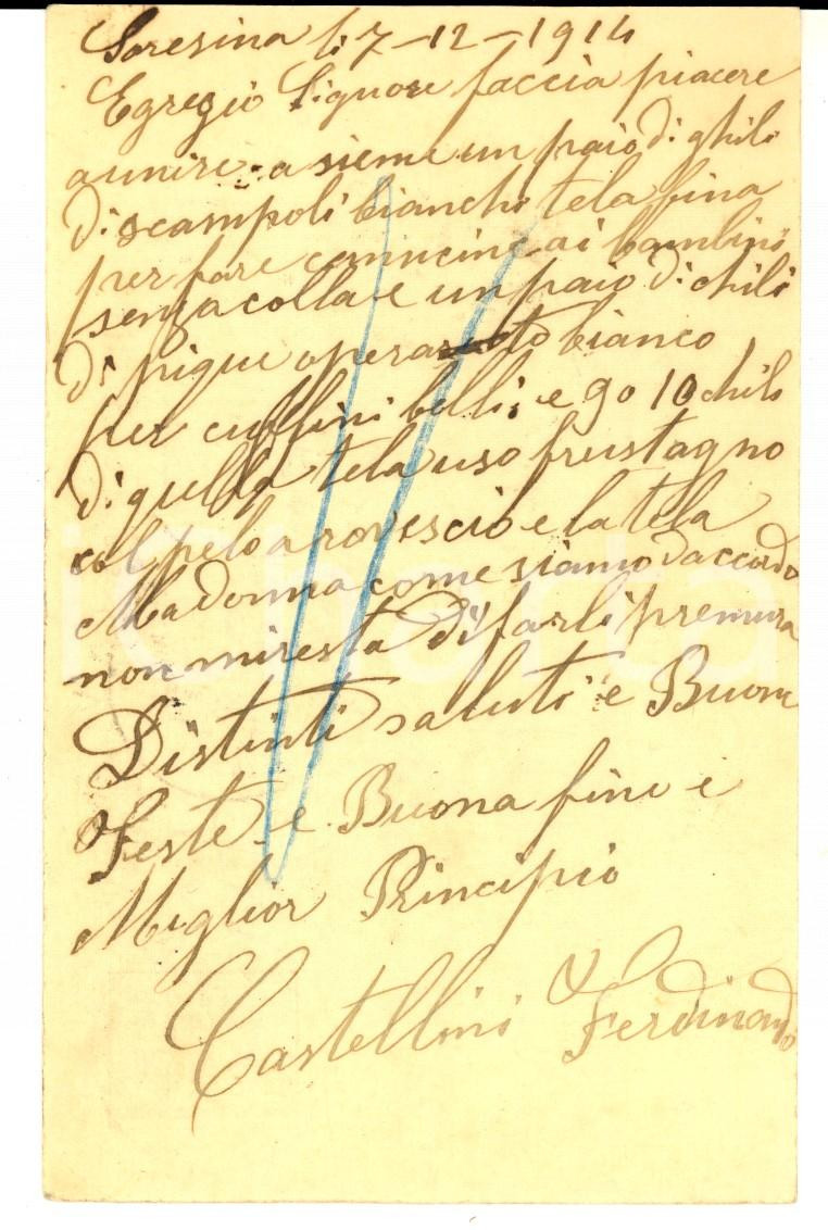 Cartolina originale da collezione 1914 SORESINA VA Cartolina Ferdinando CASTELLINI a MOTTA E PEROLARI FP VG 1