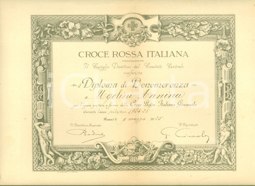 Documento originale, autentico 1925 ROMA CROCE ROSSA ITALIANA Diploma di benemeranza ad Annina UGOLINI 1