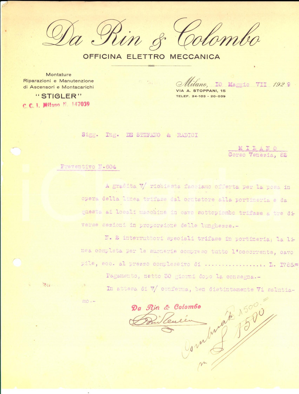 Documento originale, autentico 1929 MILANO Ditta DA RIN & COLOMBO Officina elettromeccanica Preventivo 1