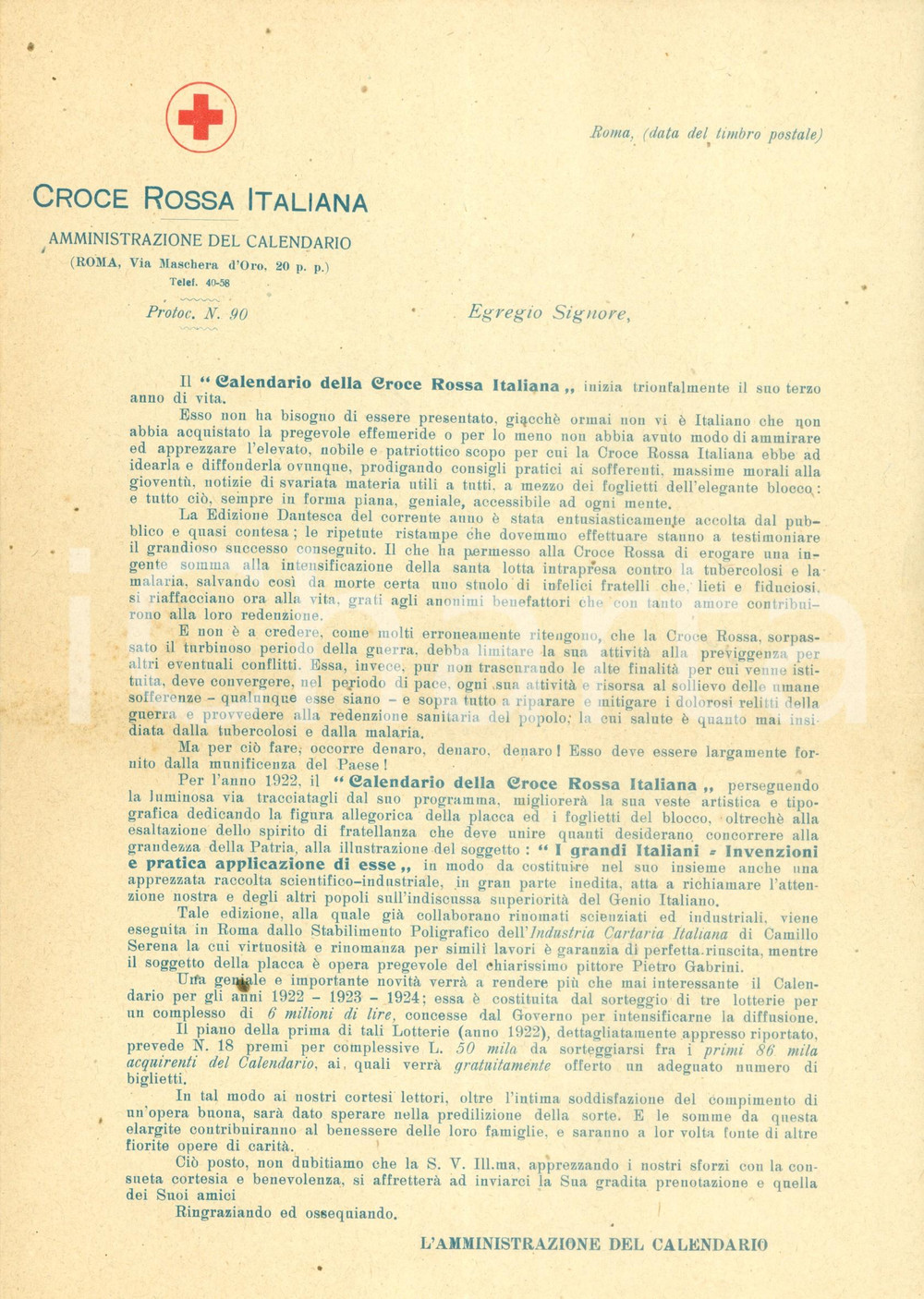 Documento originale, autentico 1922 ROMA Opuscolo promozionale per calendario della CROCE ROSSA ITALIANA 1