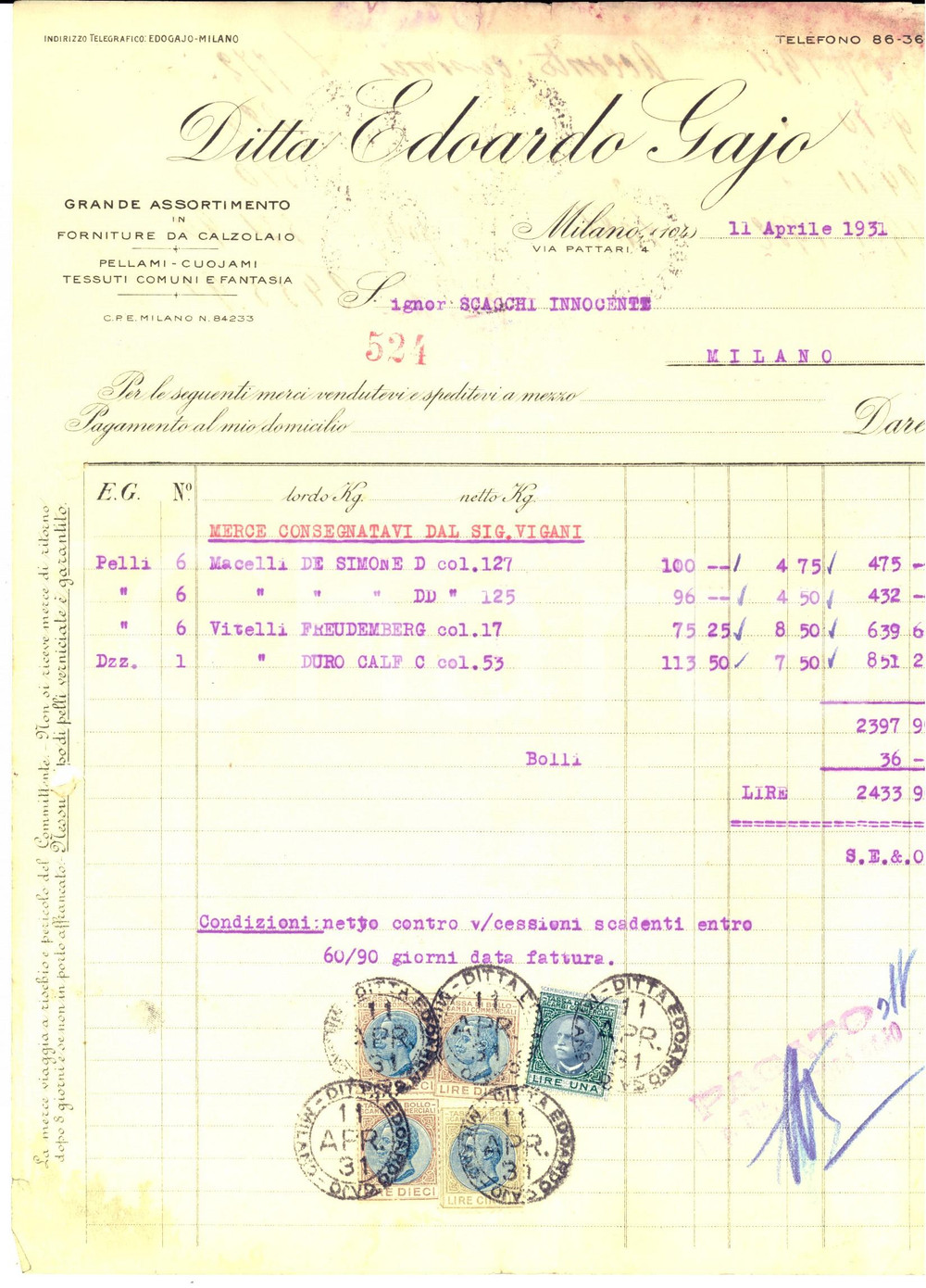 Documento originale, autentico 1931 MILANO Ditta EDOARDO GAJO  Forniture da calzolajo Fattura intestata 1
