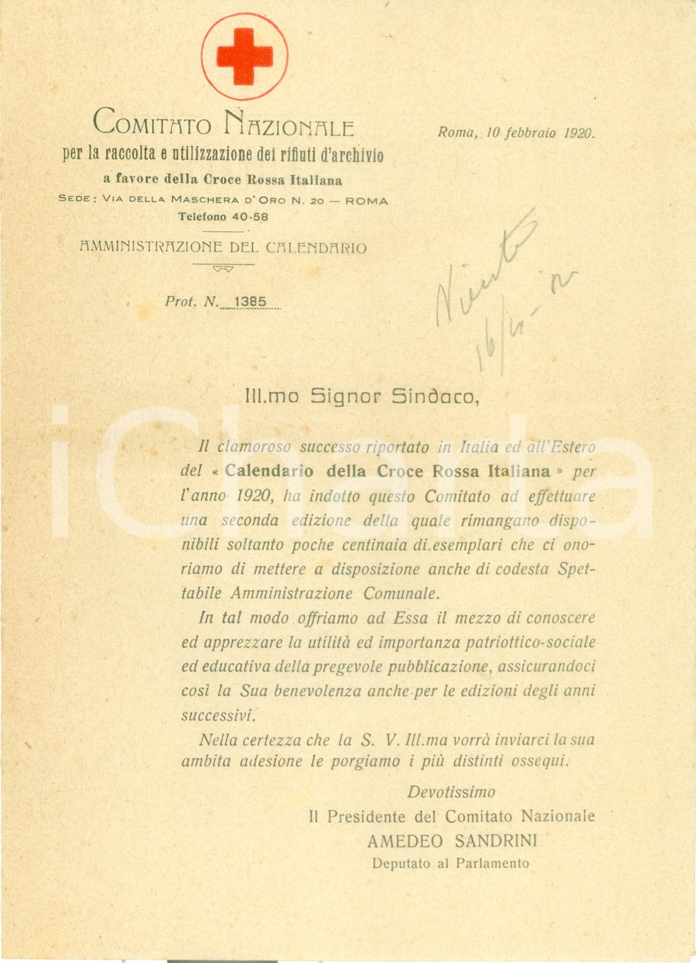 Documento originale, autentico 1920 ROMA CROCE ROSSA ITALIANA realizza nuova edizione del Calendario Documento 1