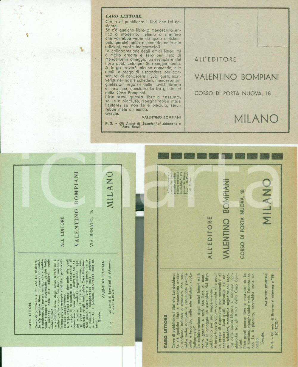 Materiale pubblicitario d’epoca 1933 MILANO Editore Valentino BOMPIANI Lotto tre cedole editoriali PESCI ROSSI 1