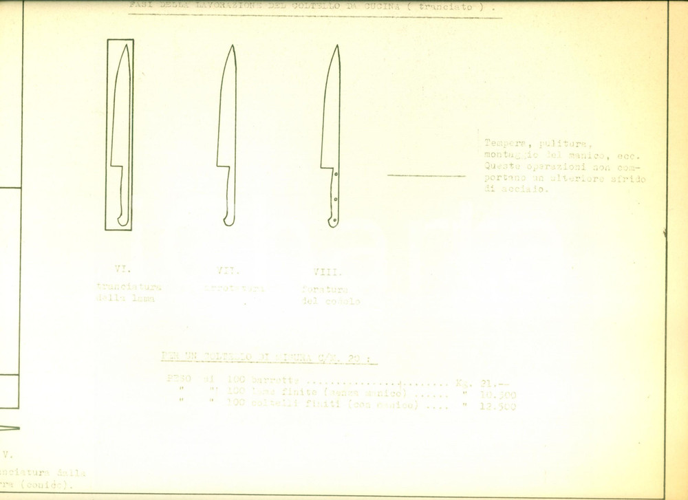 Documento originale, autentico 1954 CASLINO D ERBA Coltellerie Riunite CASLINO MANIAGO Coltello cucina TAVOLA 1