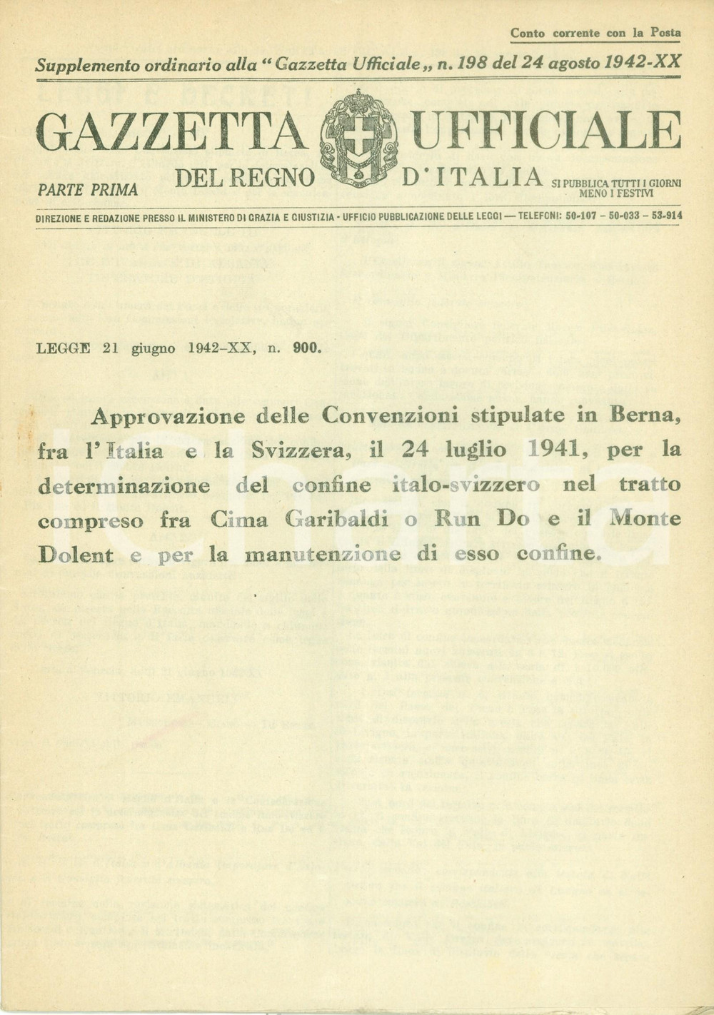 Documento originale, autentico 1942 GAZZETTA UFFICIALE Convenzioni di BERNA per confine tra ITALIA e SVIZZERA 1