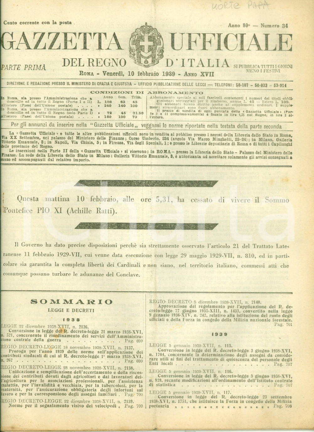 Documento originale, autentico 1939 GAZZETTA UFFICIALE Annuncio della morte di papa PIO XI 1