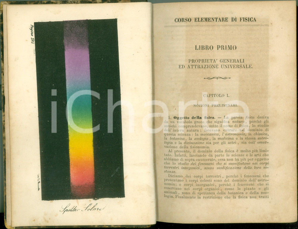 Libro, pubblicazione d epoca 1868 Adolphe GANOT Corso fisica puramente sperimentale Spettro solare A COLORI 1