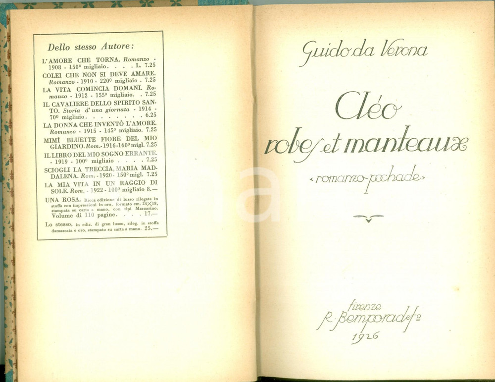 Libro, pubblicazione d epoca 1926 Guido DA VERONA Cleo robes et manteaux Romanzo pochade Edizioni BEMPORAD 1