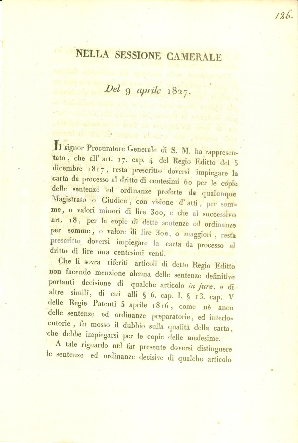 Documento originale, autentico 1827 TORINO Norme sull uso della carta da processo per le sentenze Documento 1
