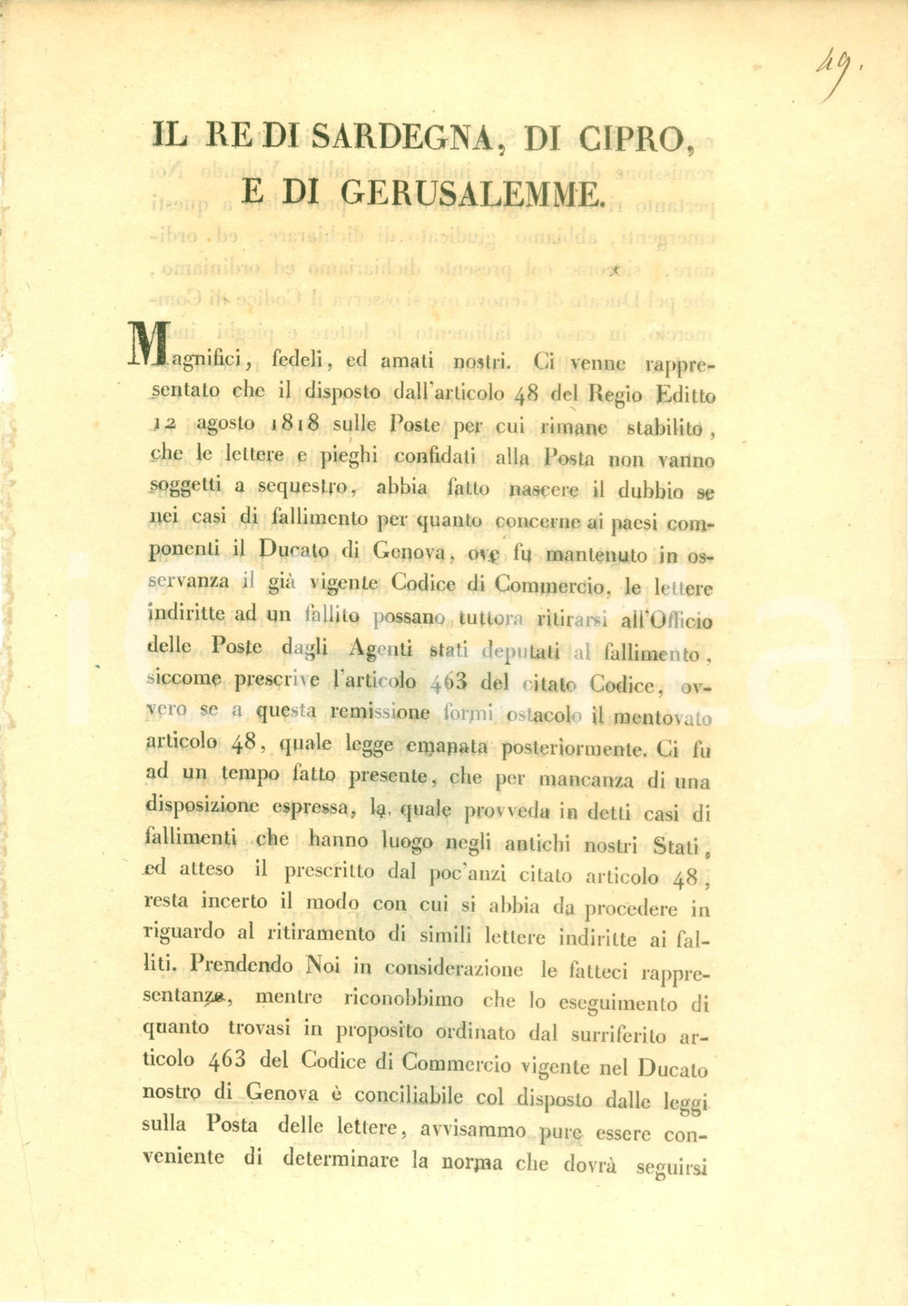 Documento originale, autentico 1827 TORINO STORIA POSTALE Norme per consegna delle lettere a indirizzi falliti 1