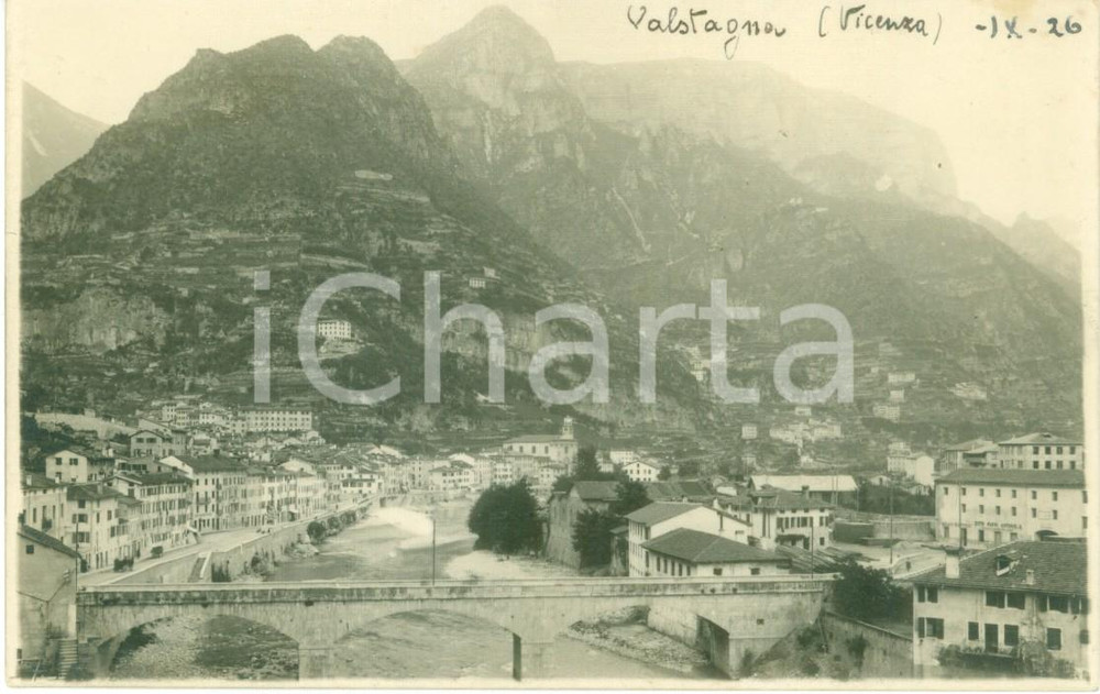 Cartolina originale da collezione 1926 VALSTAGNA VI Panorama del paese e del fiume BRENTA Cartolina FP NV 1