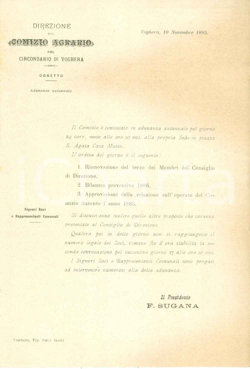 Documento originale, autentico 1885 VOGHERA PV Convocazione della Direzione del Comizio Agrario Documento 1