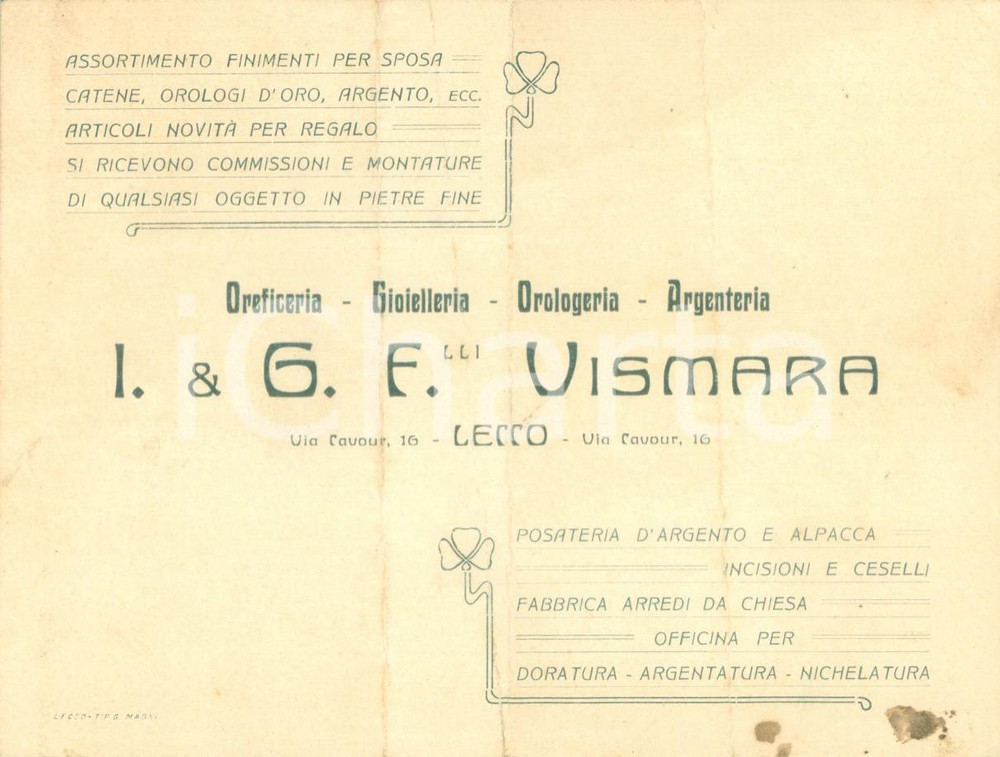 Materiale pubblicitario d’epoca 1914 LECCO Oreficeria gioielleria Fratelli VISMARA Documento DANNEGGIATO 1