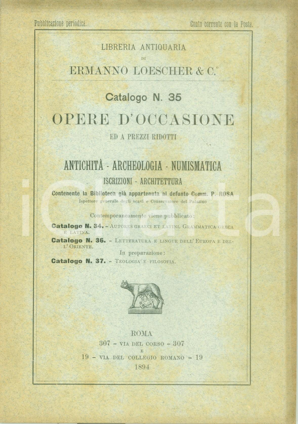 Libro, pubblicazione d epoca 1894 ROMA Libreria Antiquaria Ermanno LOESCHER Catalogo antichità archeologia 35 1