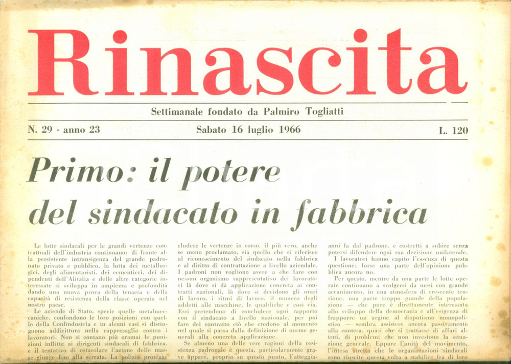 Giornale, rivista storica 1966 RINASCITA Luciano LAMA Il potere del sindacato in fabbrica Giornale 1