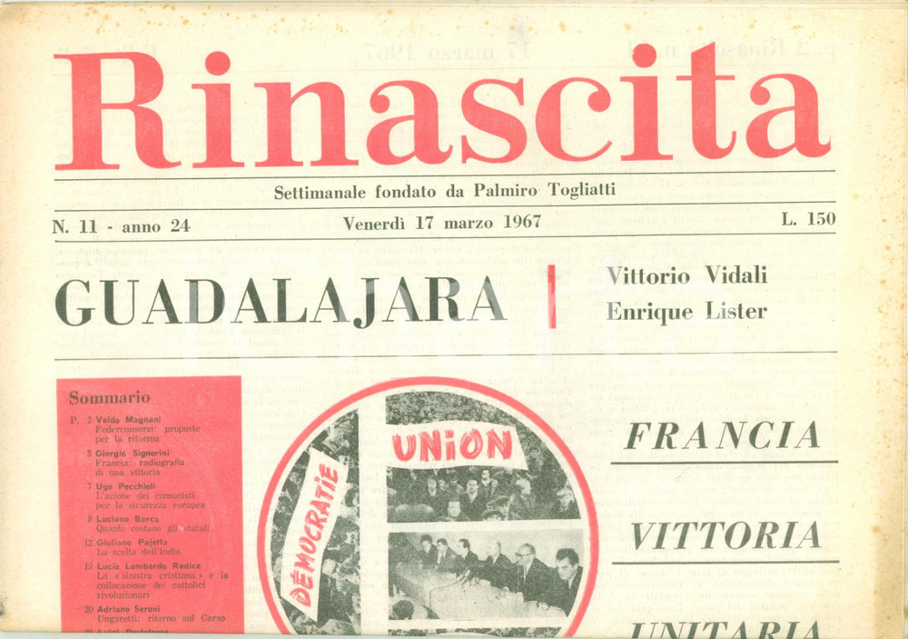 Giornale, rivista storica 1967 RINASCITA Giorgio NAPOLITANO Vittoria Partito Comunista in FRANCIA 1