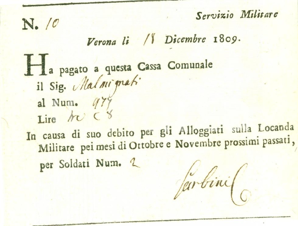 Documento originale, autentico 1809 VERONA MALMIGNATI paga affitto Locanda Militare per due soldati Ricevuta 1