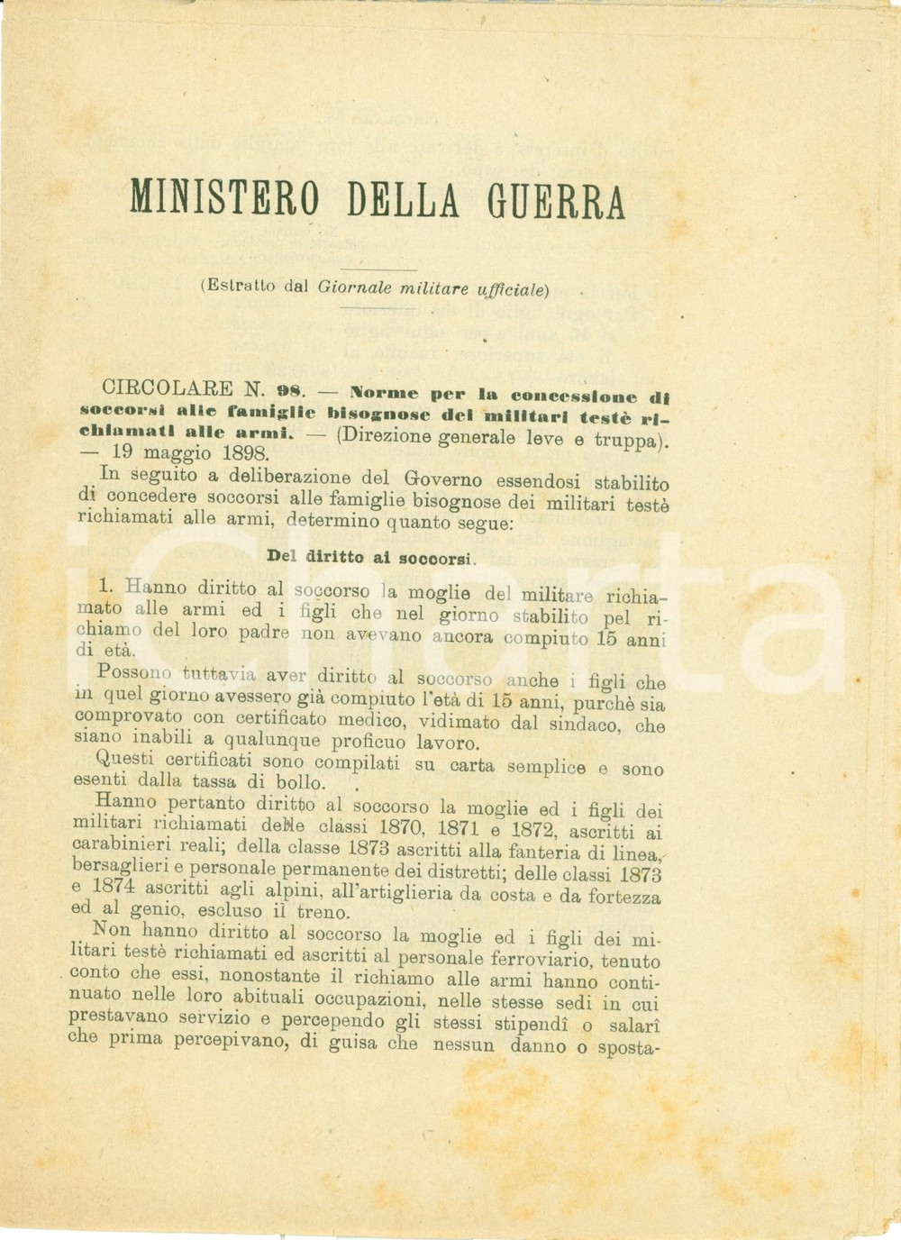 Documento originale, autentico 1898 MINISTERO GUERRA Concessione soccorsi a famiglie militari richiamati 1