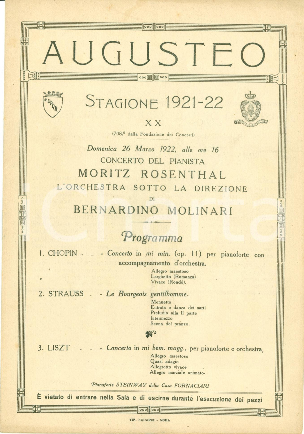 Documento originale, autentico 1922 ROMA Concerto pianista Moritz ROSENTHAL Teatro AUGUSTEO Programma 1