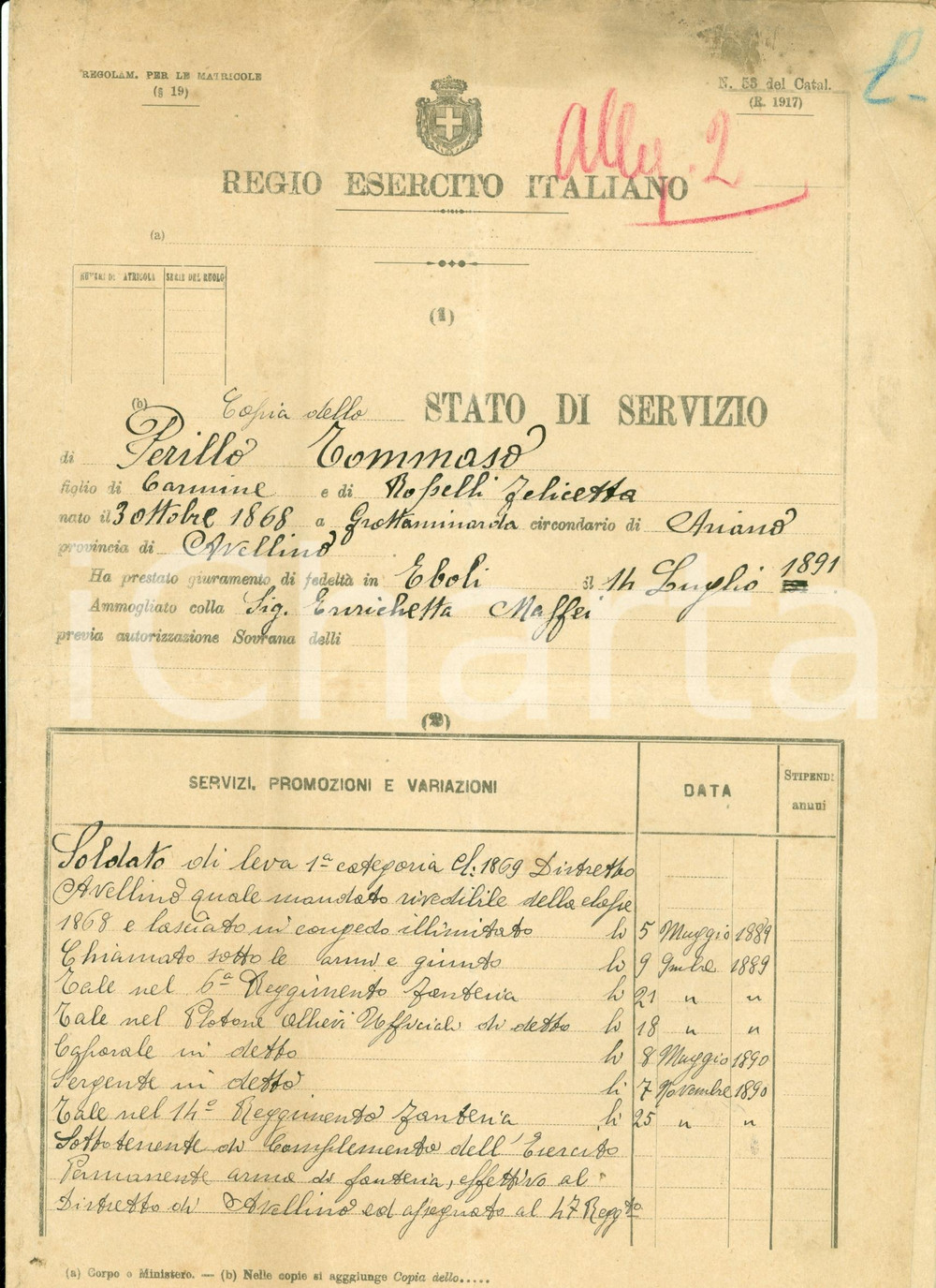 Documento originale, autentico 1919 GROTTAMINARDA AV Stato servizio militare Tommaso PERILLO 1
