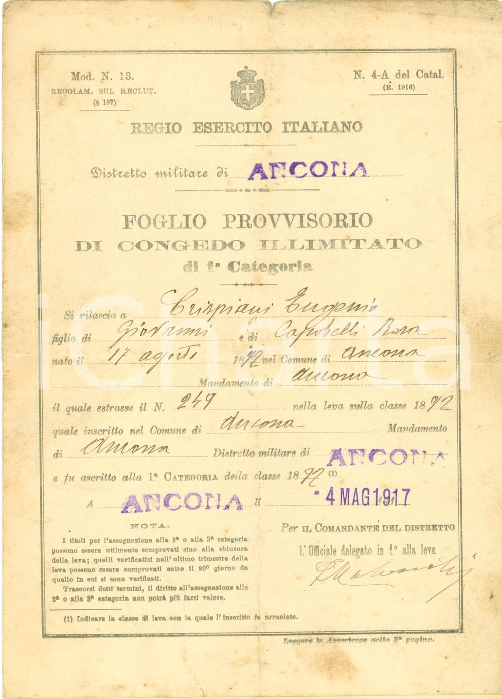 Documento originale, autentico 1917 ANCONA Congedo illimitato Eugenio CRISPIANI Esercito Italiano 1