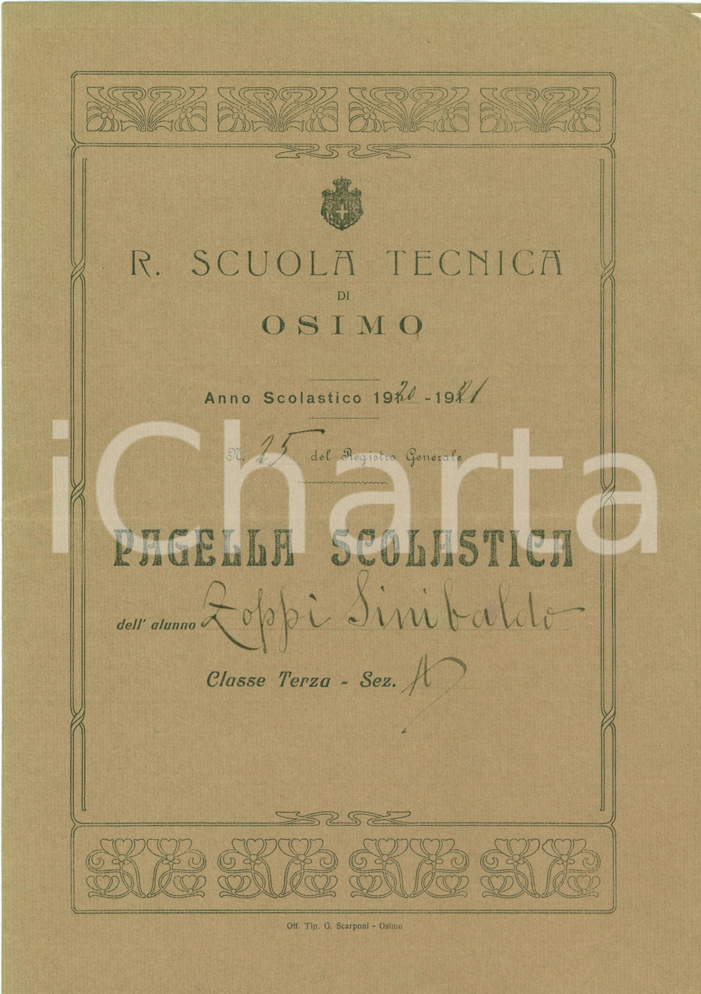 Oggetto da collezione cartaceo 1920 OSIMO Pagella Sinibaldo ZOPPI Regia Scuola Tecnica 1