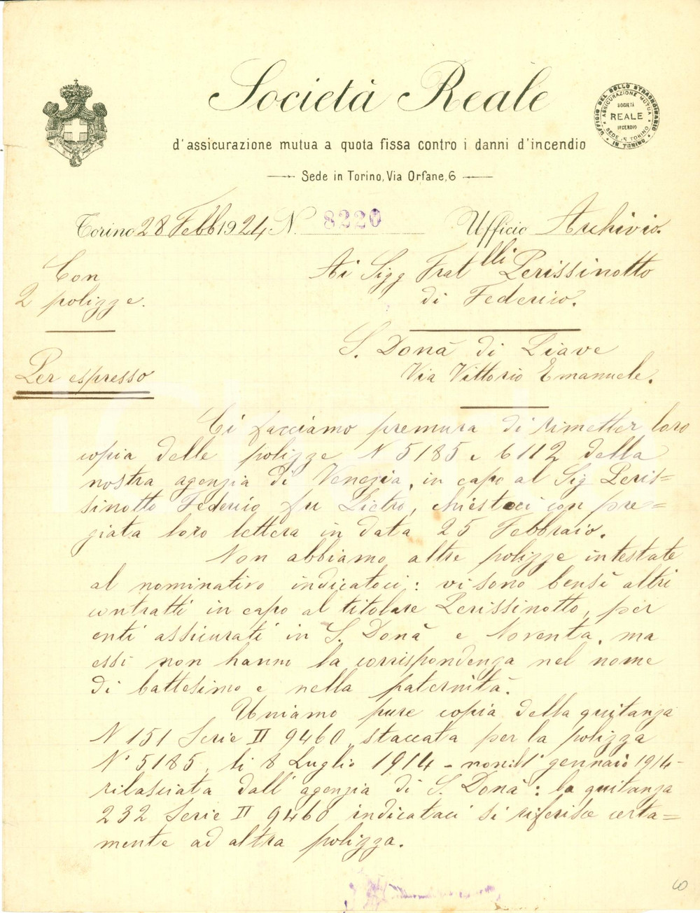 Documento originale, autentico 1924 SAN DONA  DI PIAVE VE Federico PERISSINOTTO SocietÃ  Reale Assicurazioni 1