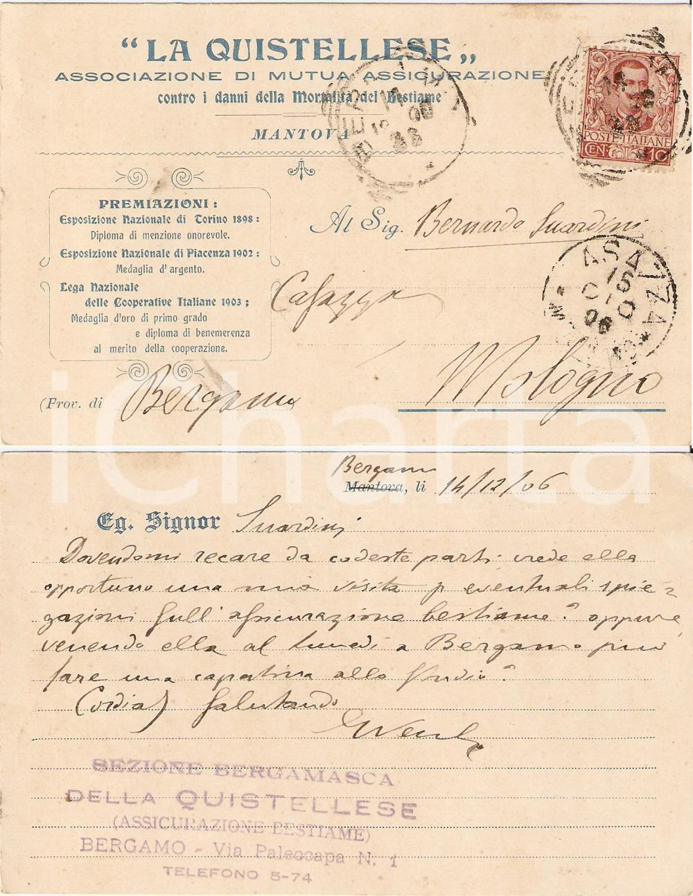 Documento originale, autentico 1906 BERGAMO Assicurazione LA QUISTELLESE contro mortalitÃ  bestiame FP VG 1
