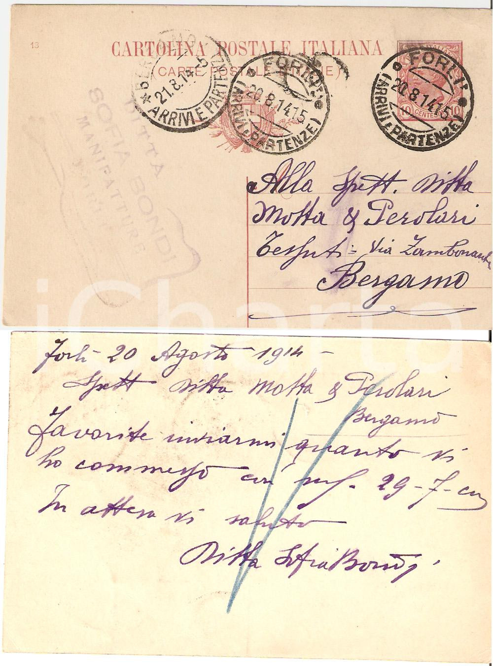Documento originale, autentico 1914 FORLI  Ordine Sofia BONDI Manifatture a ditta MOTTA e PEROLARI Cartolina 1