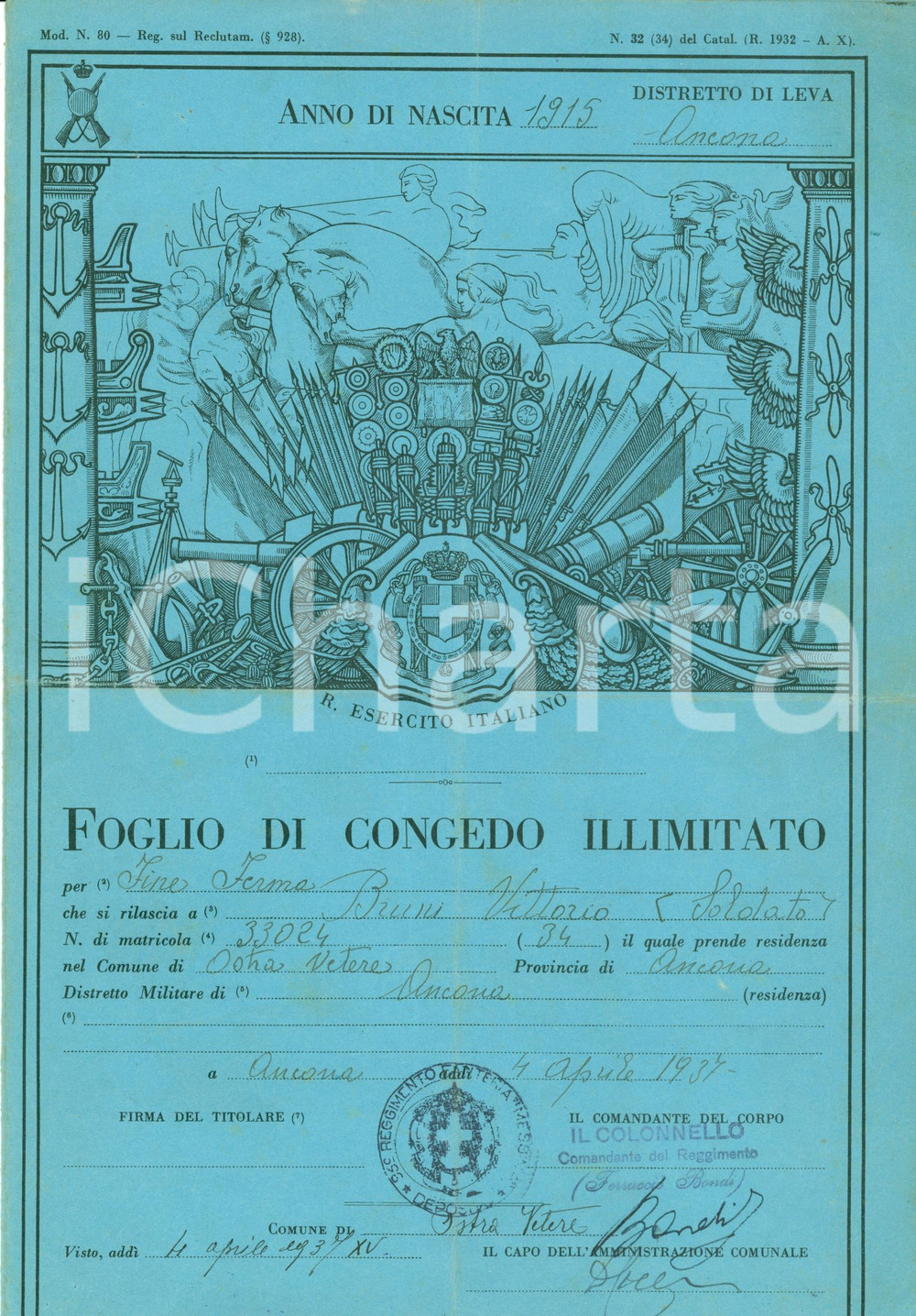 Documento originale, autentico 1937 OSTRA VETERE AN Congedo illimitato Vittorio BRUNI Illustrato 1