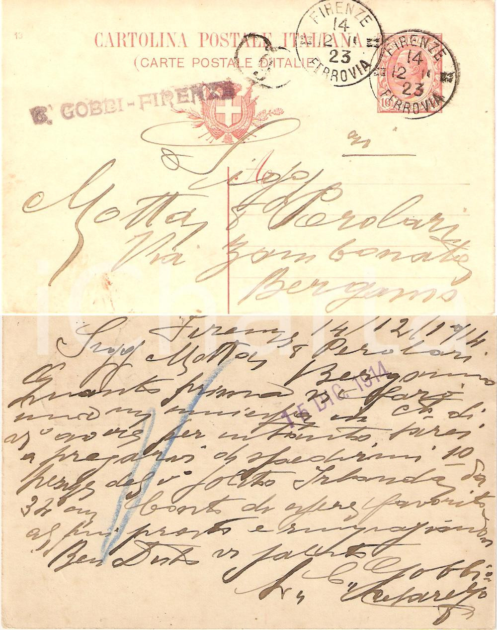 Documento originale, autentico 1914 FIRENZE Ordine Cesare GOBBI alla ditta MOTTA e PEROLARI Cartolina FP VG 1