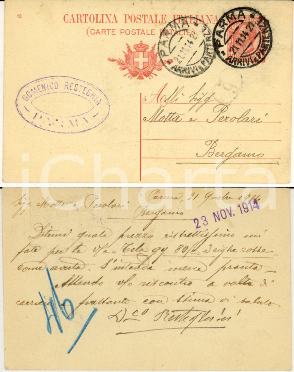 Documento originale, autentico 1914 PARMA Domenico RESTEGHINI acquista tela a righe rosse FP VG 1