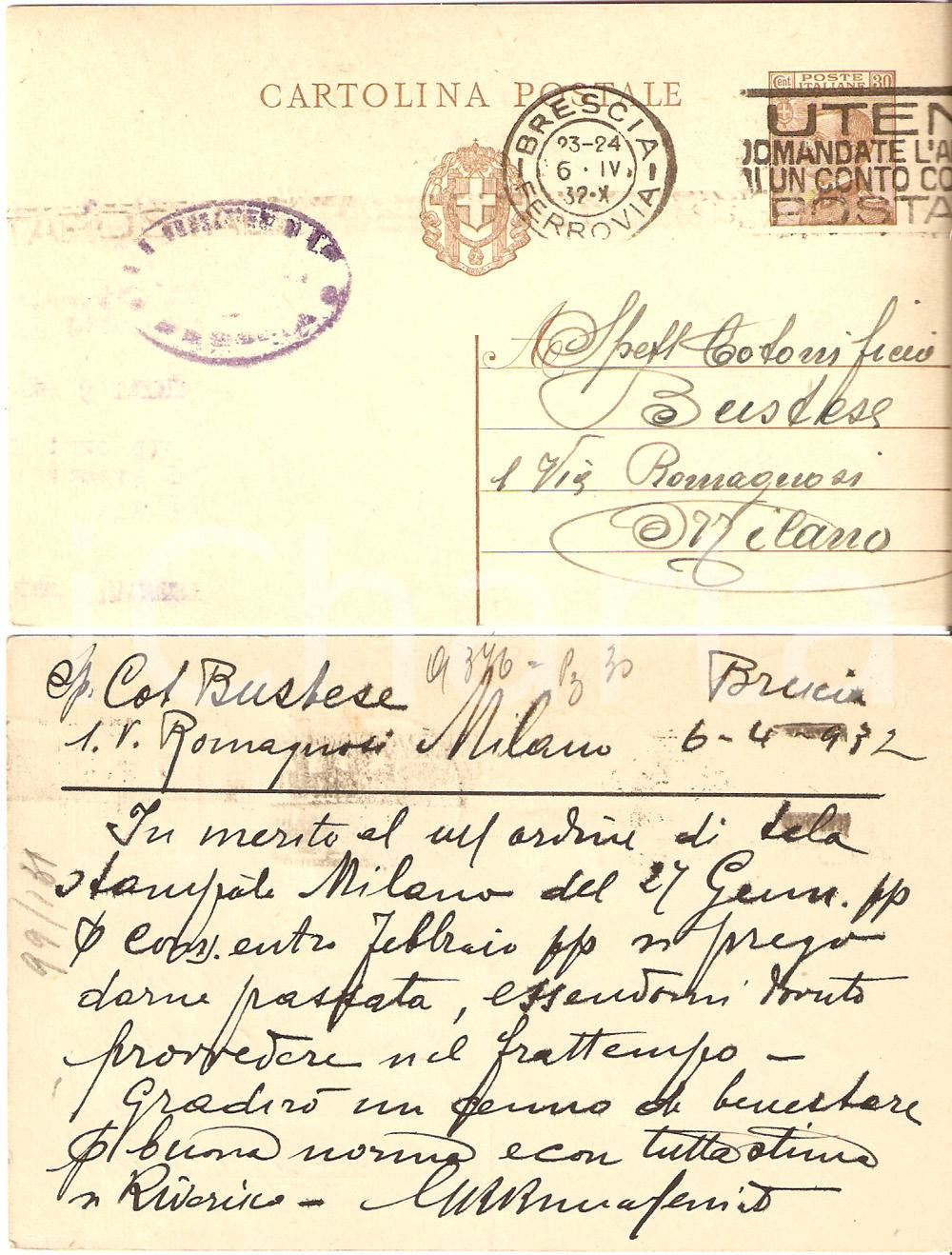 Documento originale, autentico 1932 BRESCIA Ordine di tela stampata Cotonificio BUSTESECartolina FP VG 1