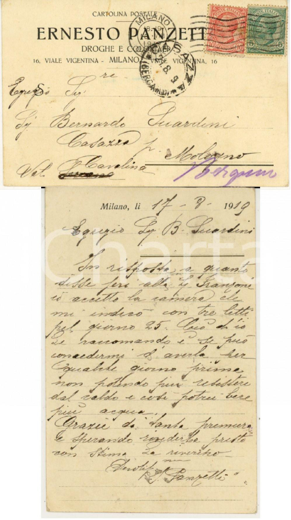 Documento originale, autentico 1919 MILANO Ernesto PANZETTI Droghe e coloniali Cartolina FP VG 1