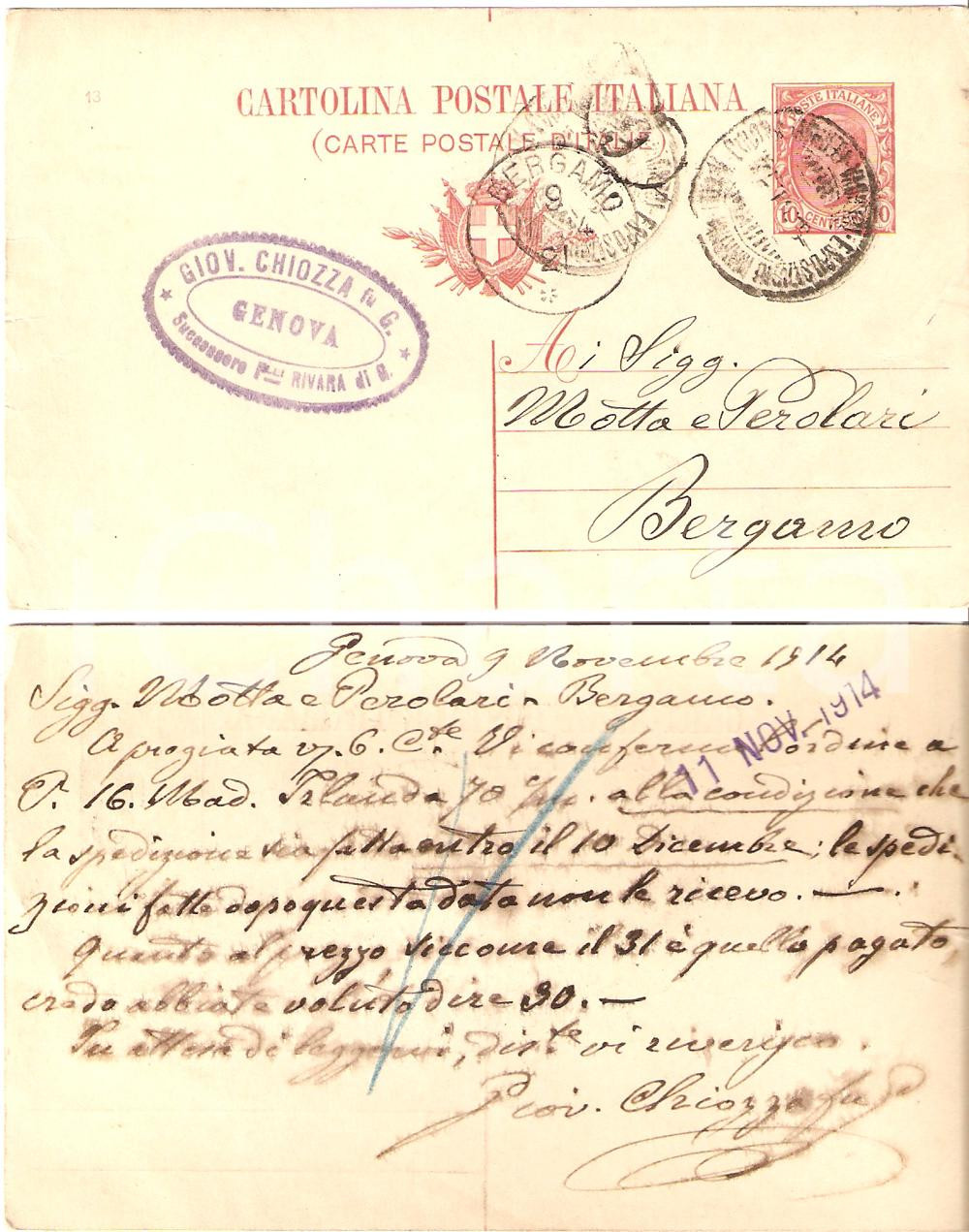 Documento originale, autentico 1914 GENOVA Giovanni CHIOZZA ordina alla ditta MOTTA e PEROLARI Cartolina FP VG 1
