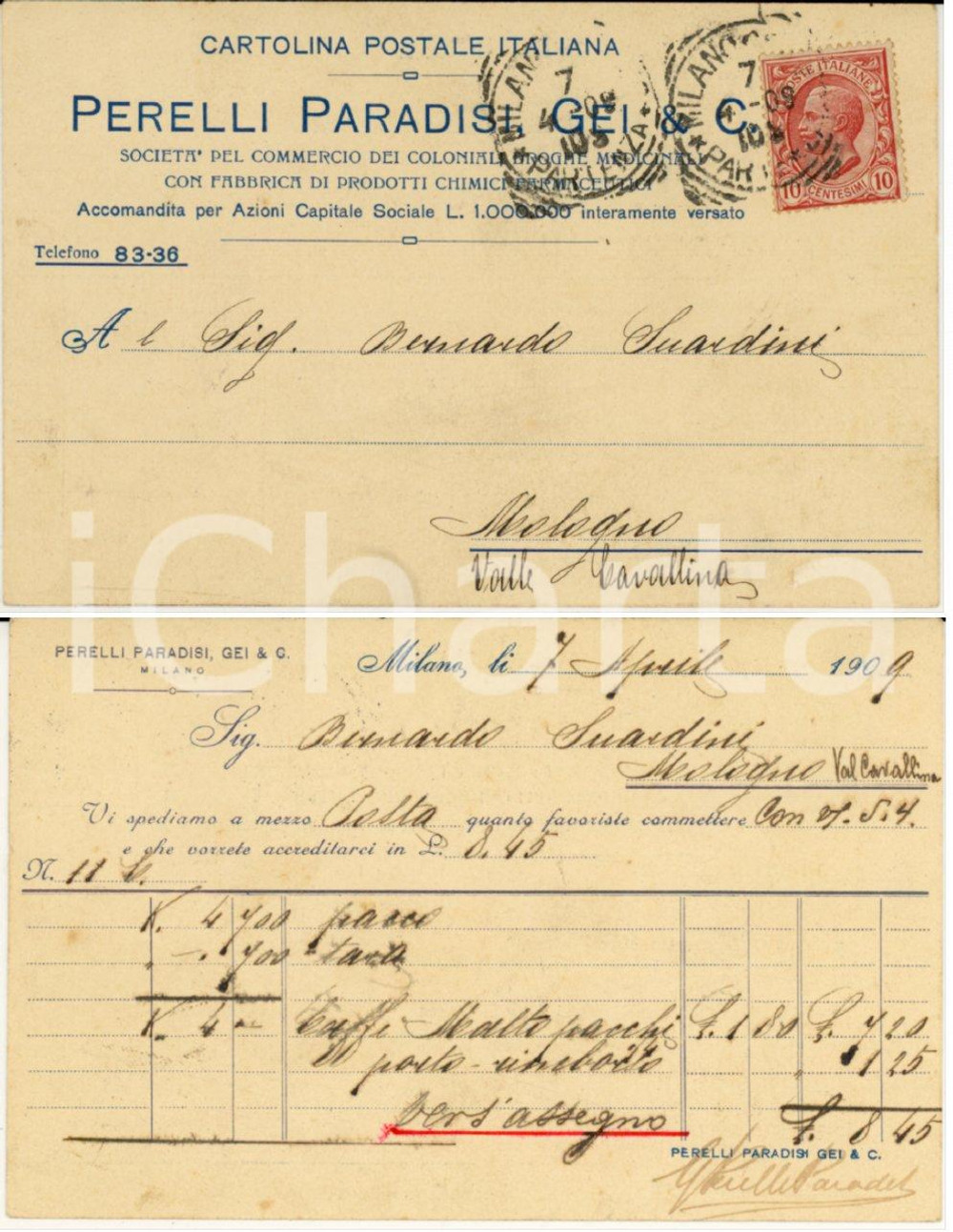 Documento originale, autentico 1909 MILANO Coloniali PERELLI PARADISI, GEI & C. Cartolina FP VG 1