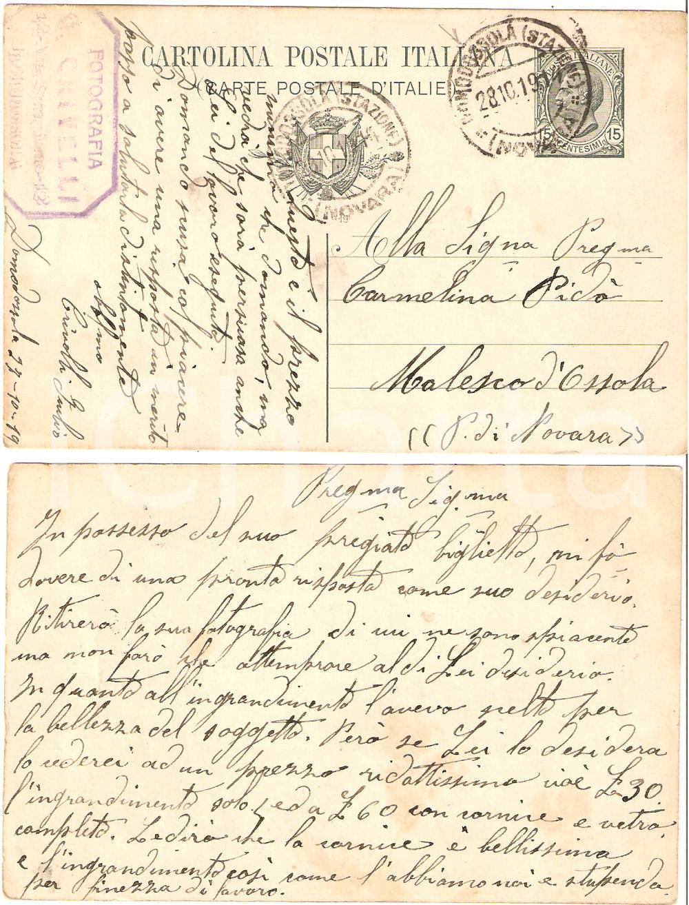 Documento originale, autentico 1919 DOMODOSSOLA Fotografo Guido CRIVELLI a una cliente Cartolina FP VG 1