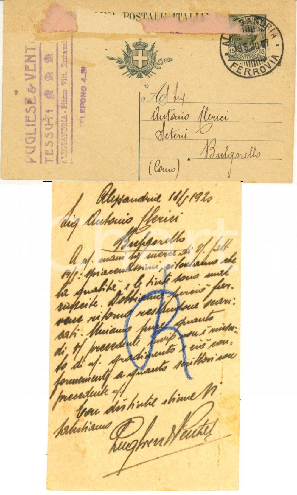 Documento originale, autentico 1920 ALESSANDRIA Stoffe cattive a ditta PUGLIESE & VENTREL Cartolina FP VG 1