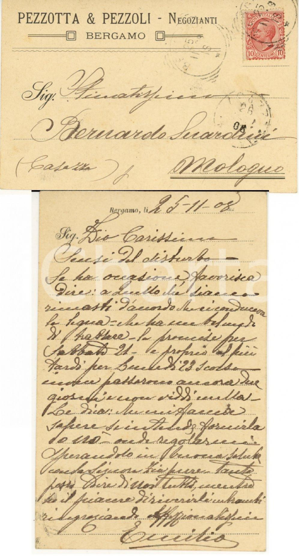 Documento originale, autentico 1908 BERGAMO Negozianti PEZZOTTA & PEZZOLI Cartolina intestata FP VG 1