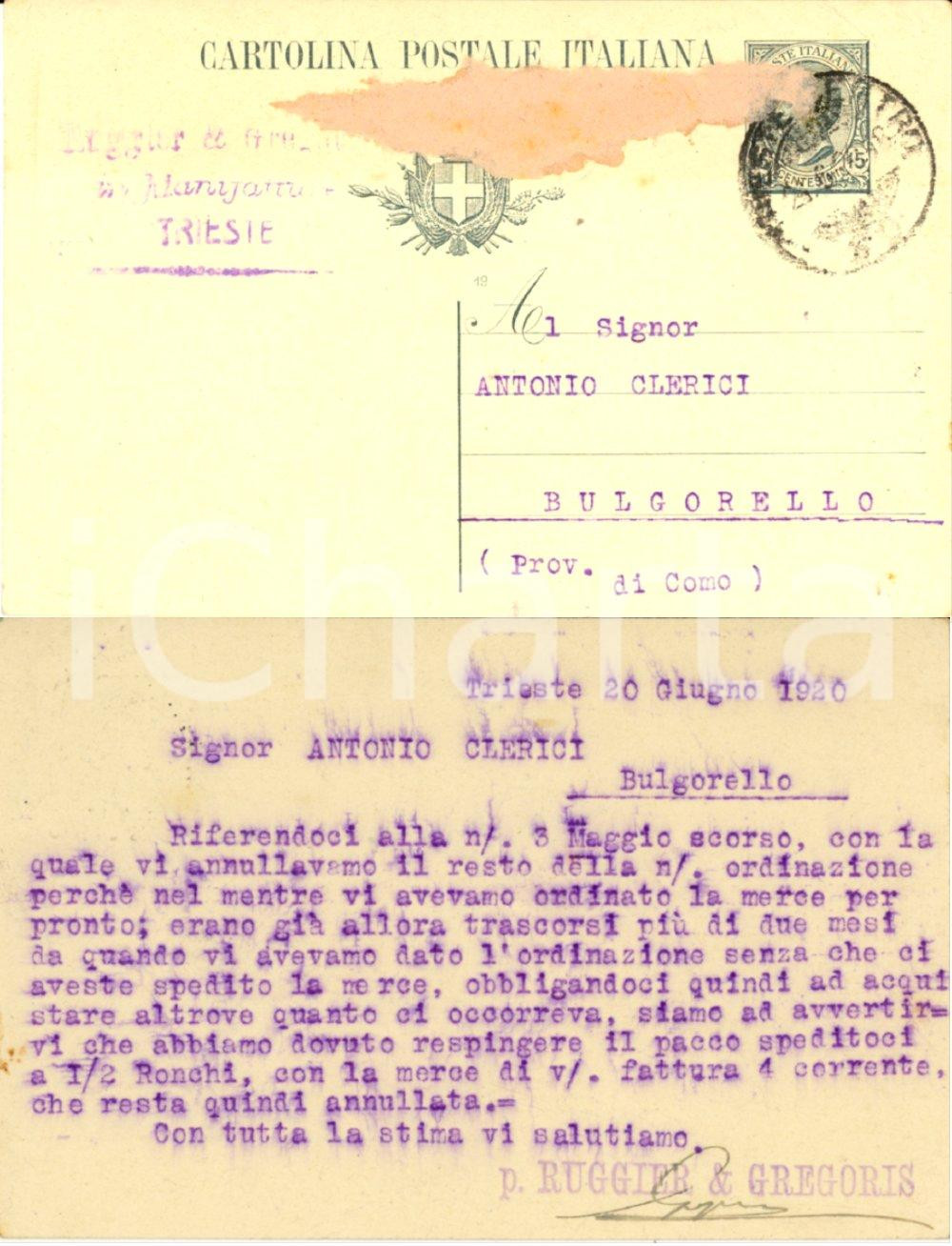 Documento originale, autentico 1920 TRIESTE Ditta RUGGIER & GREGORIS contro Antonio CLERICI Cartolina FP VG 1