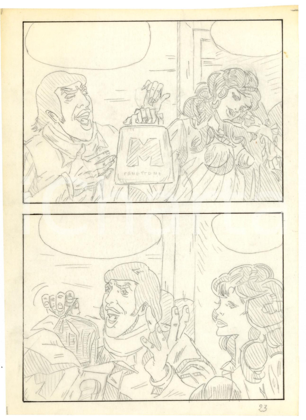 Stampa, bozzetto originale 1970 Fumetto erotico LANDO panettoni Tavola originale a matita su lucido LUBE 1