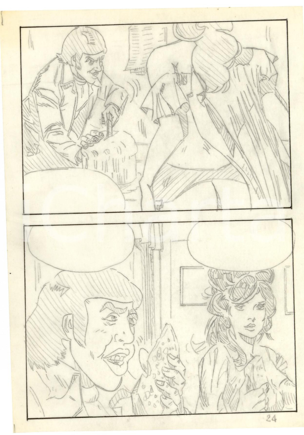 Stampa, bozzetto originale 1970 Fumetto erotico LANDO Tavola originale a matita su lucido LUBE 1