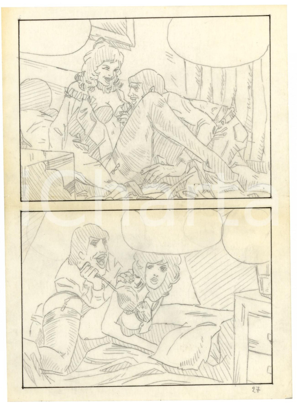 Stampa, bozzetto originale 1970 Fumetto erotico LANDO seduttore Tavola originale a matita su lucido LUBE 1 1