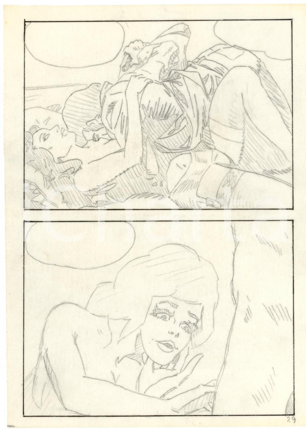 Stampa, bozzetto originale 1970 Fumetto erotico LANDO a letto  Tavola originale a matita su lucido LUBE 1