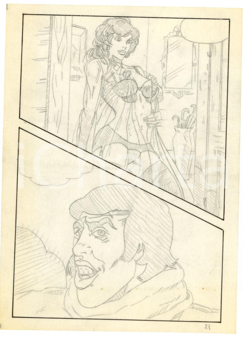 Stampa, bozzetto originale 1970 Fumetto erotico LANDO fattorino Tavola originale a matita su lucido LUBE 1