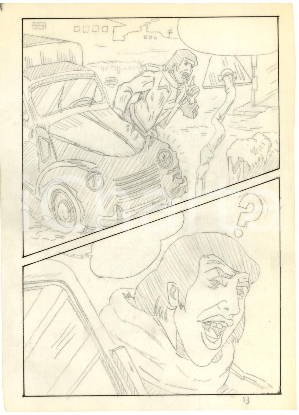 Stampa, bozzetto originale 1970 Fumetto erotico LANDO incidente Tavola originale a matita su lucido LUBE 1