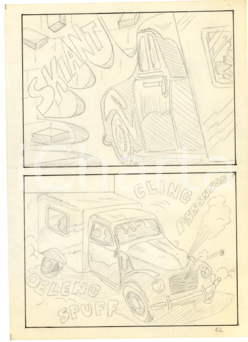 Stampa, bozzetto originale 1970 Fumetto erotico LANDO camion Tavola originale a matita su lucido LUBE 1