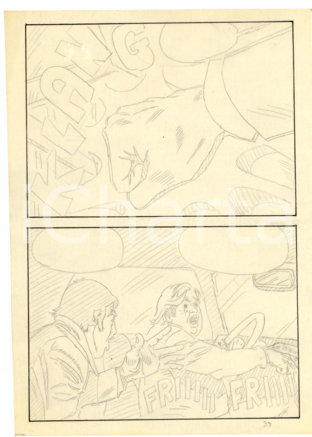 Stampa, bozzetto originale 1970 Fumetto erotico LANDO pericolo Tavola originale a matita su lucido LUBE 1
