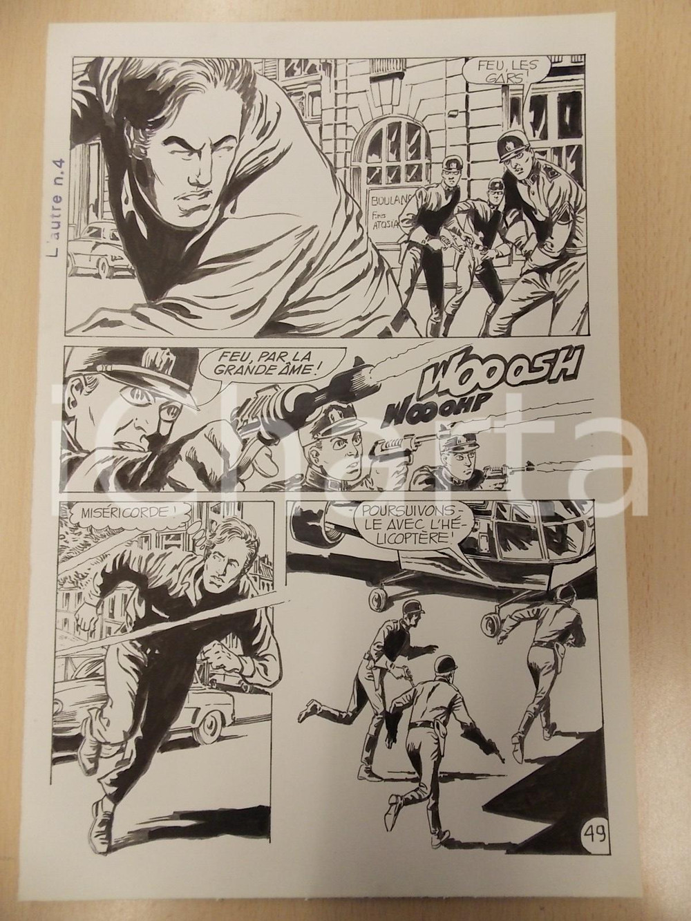 Opera d’arte autentica 1970 L AUTRE Ep. 4 Luciano BERNASCONI Polizia usa pistole laser Tavola originale 1